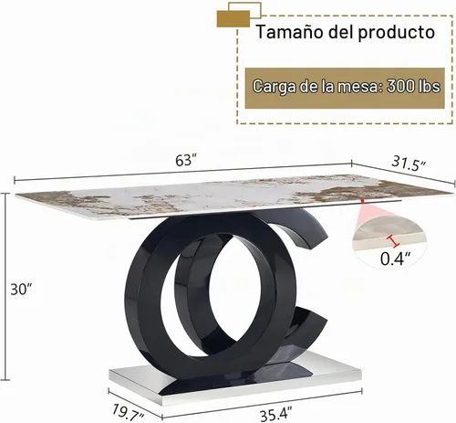 Vista 2 de Ebullient Mesa de comedor de mármol de 63 pulgadas, moderna mesa de cocina rectangular de vidrio, parte superior de mármol PDLB con base de diseño