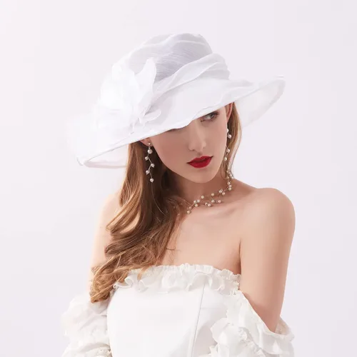 Vista 4 de TLMNU Tocado de organza para mujer, de ala ancha, para iglesia, boda, fiesta de té, boda