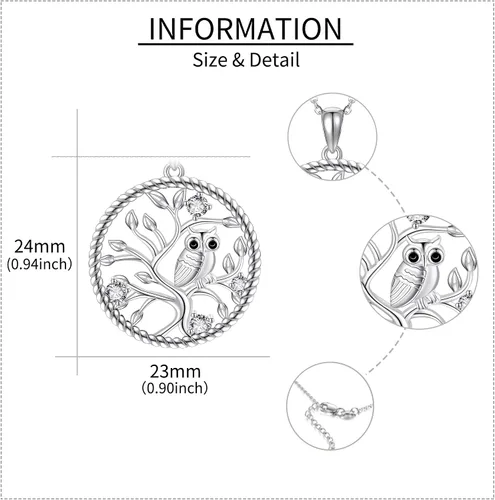 Vista 5 de ELFRONT Collar con colgante de árbol de la vida de plata de ley, colgante de diamante de moissanita, joyería de búho, regalos para ella