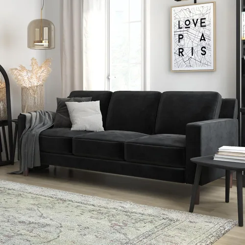 Vista 2 de DHP Brynn - Sofá tapizado de 3 plazas, muebles de sala de estar, terciopelo negro Negro Terciopelo