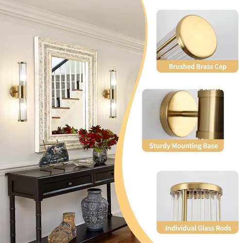 Vista 4 de Lámpara de tocador moderna de latón cepillado, 1 unidad, aplique de pared de doble varilla de vidrio para baño, base de candelabro E12 de doble