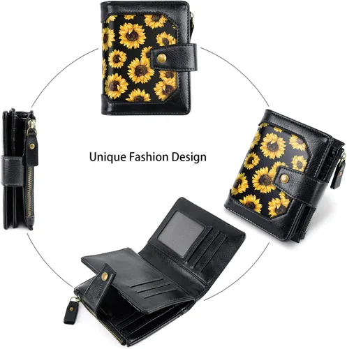 Vista 3 de Simikol Cartera pequeña para mujer, monedero plegable con bloqueo RFID, tarjetero de crédito con bolsillo con cremallera, Girasol, Vintage