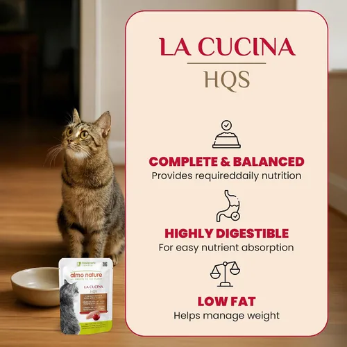 Vista 3 de almo nature HQS La Cucina - Pollo con manzana en gelatina, sin granos, sin aditivos, alimento húmedo para gatos adultos, rallado, bolsas, 24 x 55