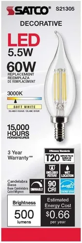 Vista 4 de Satco S21305 5.5CA10/LED/930/CL/120V/E12 (6 bombillas LED)