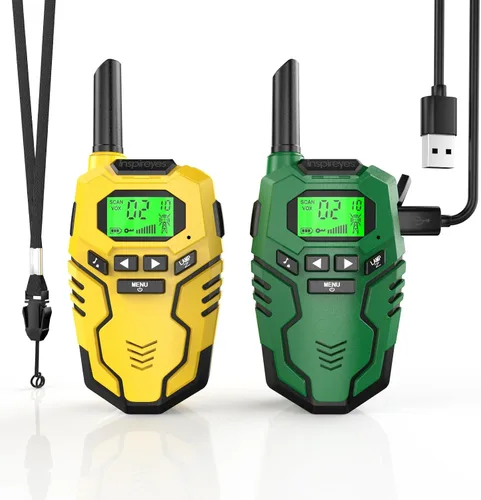 Vista 23 de Inspireyes Walkie Talkies para niños, paquete de 2 recargables de largo alcance, juguetes para niños y niñas de 3 a 12 años, juguete de radio de 2