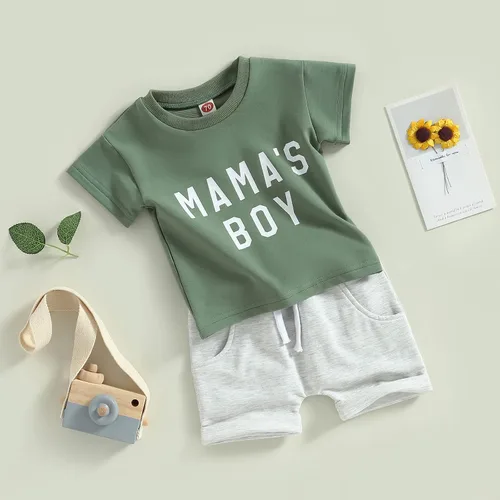Vista 97 de Conjunto de traje de verano para bebé niño pequeño, manga corta, cuello redondo, letras impresas, lindo traje de verano, conjunto de 2 piezas