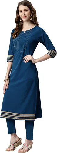 Vista 4 de Janasya Kurta de poli crepé para mujer con pantalón