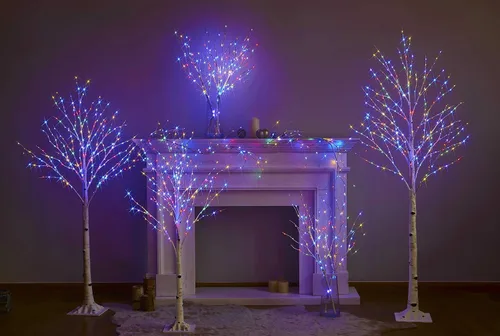 Vista 6 de Hairui Árbol de abedul iluminado con 200 luces multicolor y luces de hadas blancas cálidas, 8 funciones, 4 pies, árbol de ramitas blancas con luces