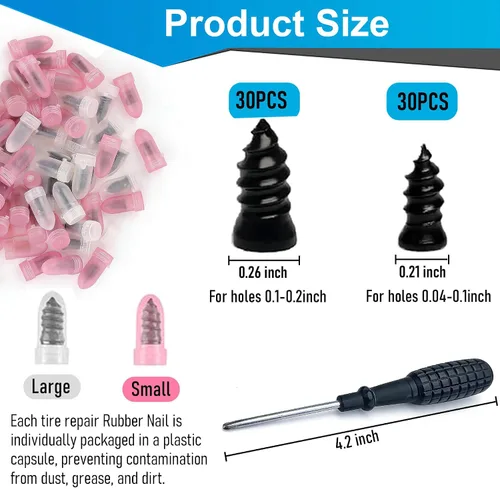 Vista 2 de Kit de uñas de goma de reparación de neumáticos de 60 piezas con pegamento para neumáticos para reparación de pinchazos