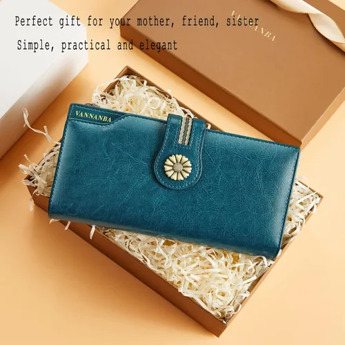 Vista 4 de VANNANBA Cartera larga y grande para mujer, de piel encerada con aceite RFID, cartera organizada, Azul eléctrico
