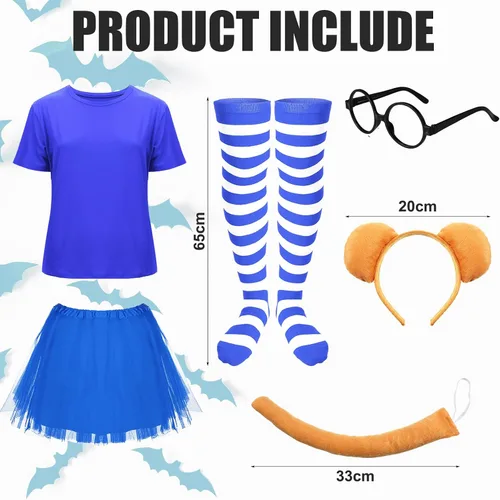 Vista 5 de Bonuci Juego de 6 piezas de disfraz de animal de Halloween, camiseta azul para adultos, calcetines, anteojos, orejas, diadema, cola y tutú