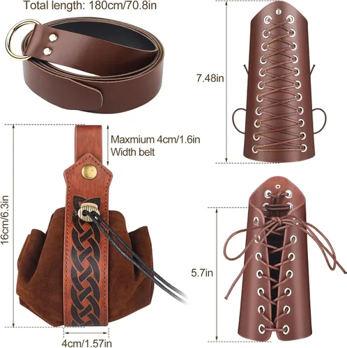 Vista 4 de Jeyiour Camisa medieval para hombre, banda al tobillo, pantalones, bolsa de cuero, brazalete vikingo, retro, renacentista, disfraz de Halloween