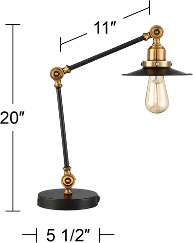 Vista 4 de 360 Lighting Gilmore - Lámpara de escritorio pequeña de 20 pulgadas, USB, ajustable, color negro y dorado rústico Puertos USB A+C Carga Industrial