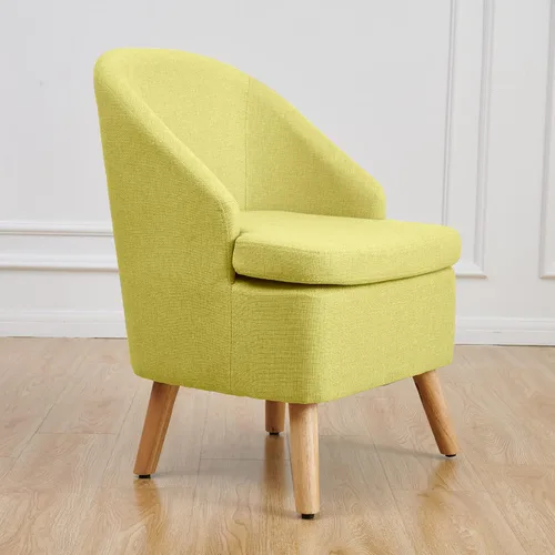 Vista 13 de Bonita silla tapizada color beige con estilo de barril, sofá individual redondo de tela similar al lino de algodón para patas de madera, sala