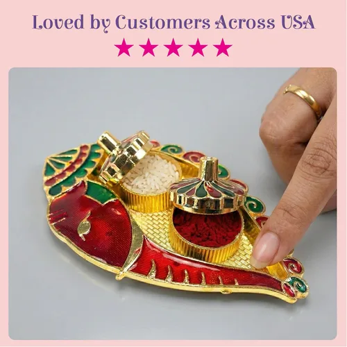 Vista 7 de LOVENSPIRE Ganesh Shankh Haldi Kumkum Holder Roli Chawal/soporte de arroz Festival indio Rakhi Pooja Thali Pooja Regreso Regalo de inauguración