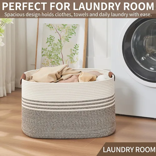 Vista 13 de DOFASAYI Cesta de lavandería grande de 72 litros con asas de cuero, cesta de almacenamiento decorativa para mantas, cesta de ropa para sala