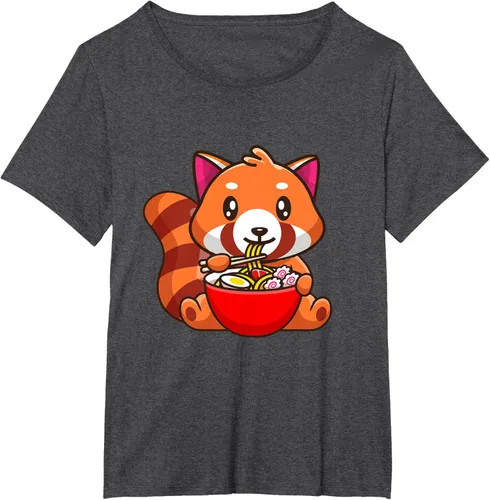Vista 15 de Camiseta Kawaii Anime Red Panda Eating Ramen Noodles, Negro, S