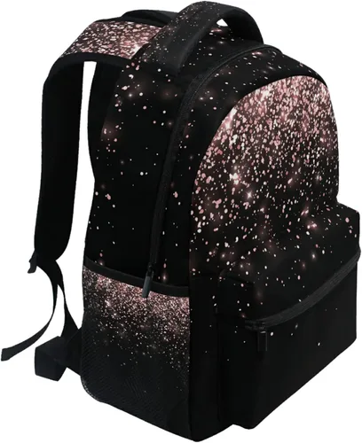 Vista 2 de Pfrewn Mochilas de oro rosa con purpurina negra para niñas, adolescentes y mujeres, mochila escolar para niños y estudiantes