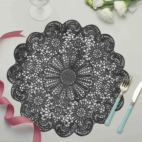 Vista 11 de Efavormart - Juego de 6 manteles individuales de vinilo floral negro de 15 pulgadas, antideslizantes, redondos, con corte de flores, metálicos