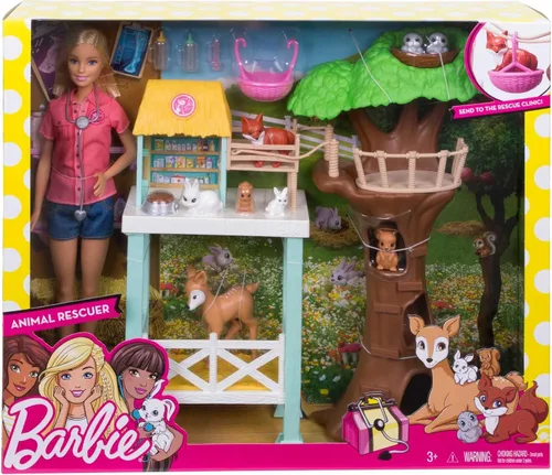 Vista 6 de Muñeca Barbie veterinaria y juego, tema de rescate de animales con 8 figuras de vida silvestre, casa en el árbol, estación de cuidados, puente