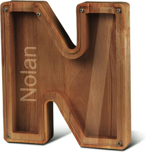 Vista 39 de Alcancía con nombre personalizado, 26 letras láser con texto personalizado, banco de monedas de madera, significado educativo, alcancía con nombre