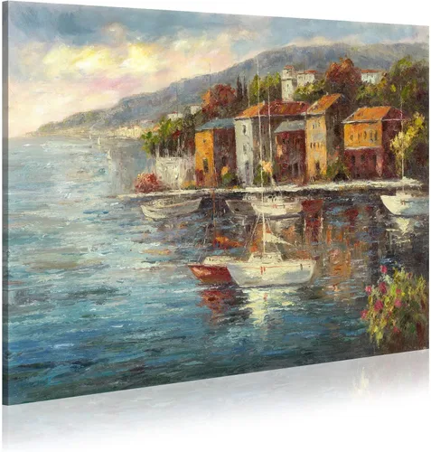 Vista 9 de Pintura de Italia lienzo al óleo arte de la pared: arte mediterráneo de paisaje urbano italiano, imagen de mar italiano, decoración moderna
