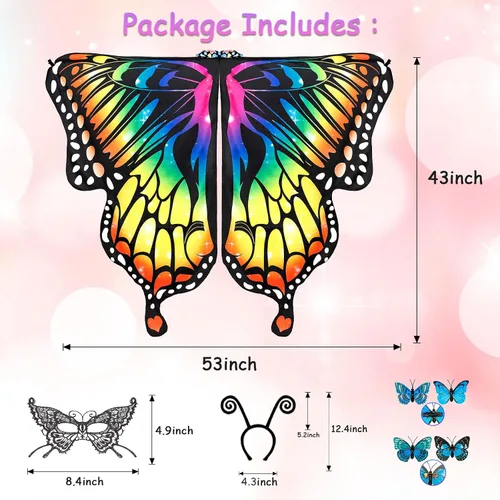 Vista 2 de Butterfly Wings Costume for Women Girls - Halloween Fairy Wings Cape for Adult with Headband,Mask,Earrings