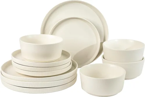 Vista 11 de Gibson Home Dempsey Road - Juego de vajilla de gres de 12 piezas – Servicio para 4, platos y cuencos redondos negros, juego moderno de platos