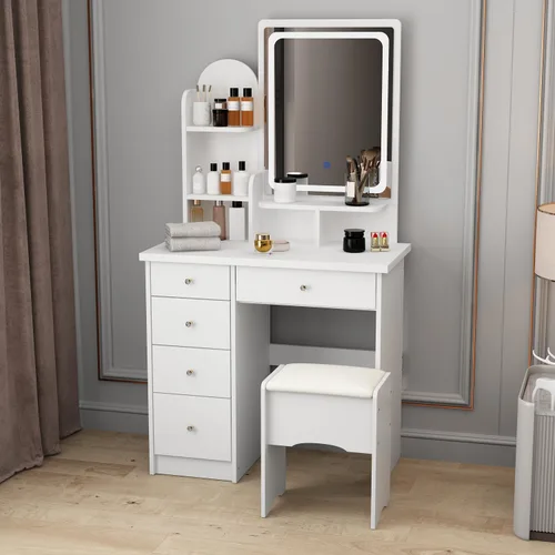 Vista 11 de Tocador con silla, tocador con espejo rectangular iluminado, 5 cajones y estantes, juego de tocador de maquillaje con almacenamiento