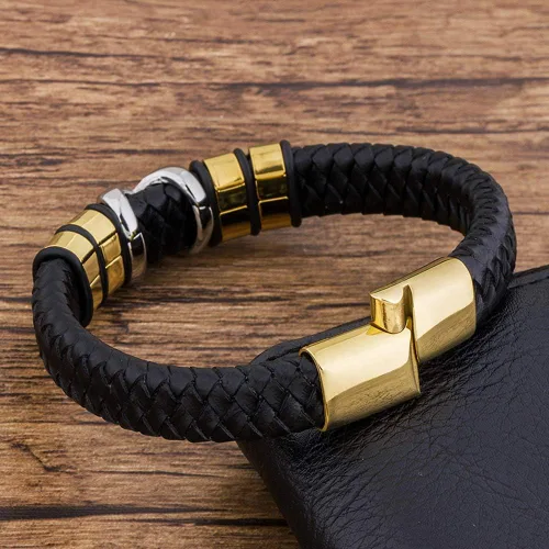 Vista 4 de TTNDstore 10081 - Pulsera de cuero genuino para hombre color dorado trenzado accesorios