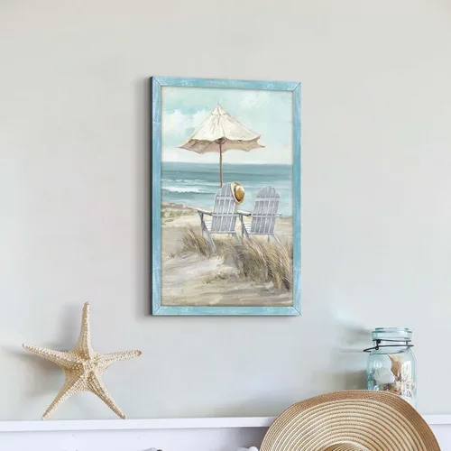 Vista 5 de Arte de pared enmarcado costero abstracto, imagen de silla de playa, pintura moderna del océano, impresiones de paisaje marino relajante, decoración