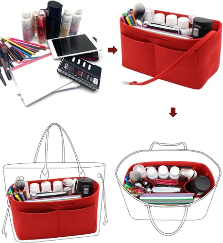 Vista 5 de Organizador de fieltro para bolso, bolsillo con cremallera y dos soportes extraíbles para botellas, Beige, rojo, negro, gris, café, rosa iluminado