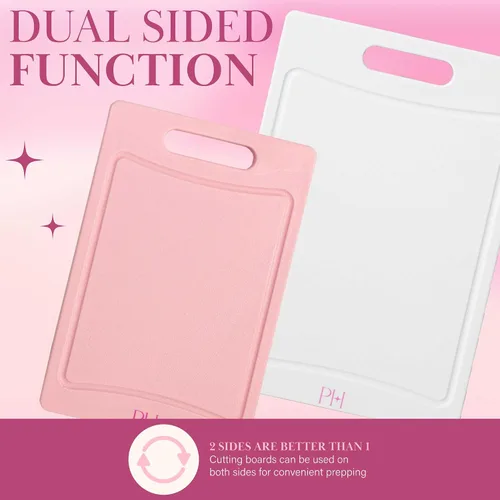 Vista 4 de Paris Hilton Tablas de cortar para cocina, juego de tablas de cortar de plástico reversible de doble cara con ranuras para jugos, mango de fácil