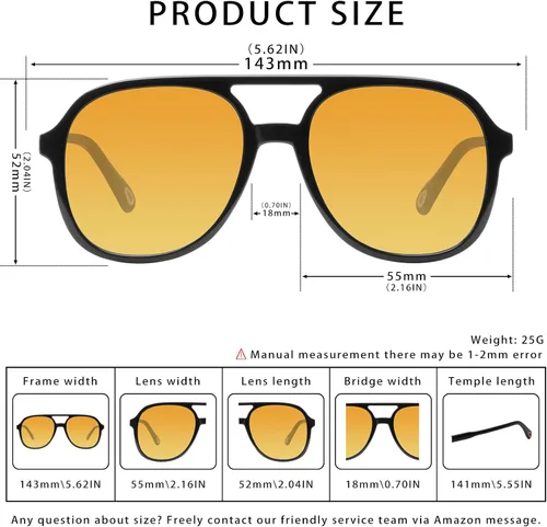 Vista 5 de YDAOWKN Retro Aviator Sunglasses for Womens Mens 70s Double Bridge Sunnies 2 Tintes Negro/Gris+Negro/Amarillo