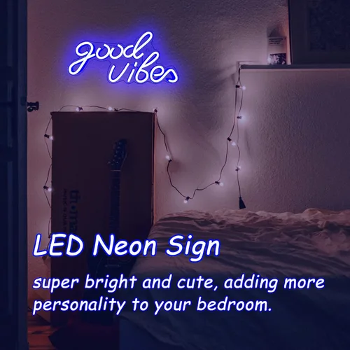 Vista 5 de Good Vibes - Letrero de neón LED para decoración de pared, luces de neón azules para dormitorio y fiesta, luz de neón brillante alimentada por USB