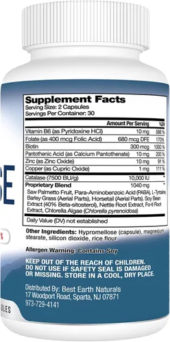 Vista 3 de Best Earth Naturals Suplemento Catalase 10,000 con Saw Palmetto, Biotina, Fo-Ti, PABA - Suplementos capilares para cabello fuerte - 60 cápsulas