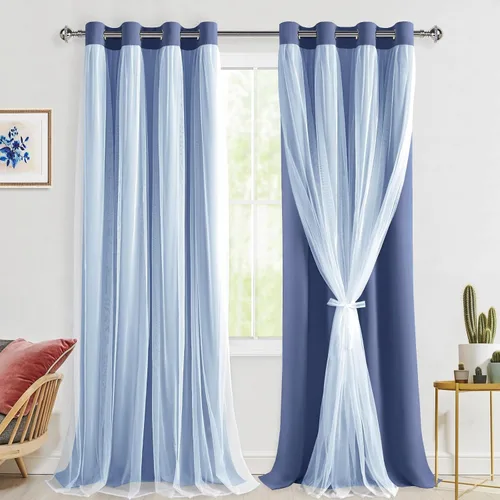Vista 67 de Hiasan Cortinas opacas con superposición transparente, aislamiento térmico para mezclar y combinar de doble capa, cortinas de oscurecimiento de Beige