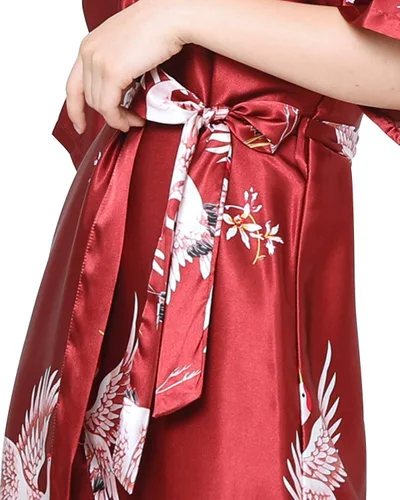 Vista 3 de Miureal Bata tipo kimono para mujer, de satén de seda, suave, ligera, con estampado para dama de honor, spa, casa, WineRed