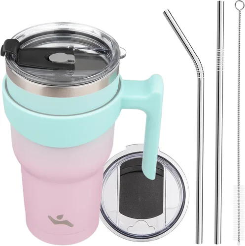 Vista 57 de Konokyo - Vaso de 10 onzas con asa y 2 popotes, 2 tapas, botella de agua aislada de acero inoxidable, taza de viaje reutilizable, color verde militar