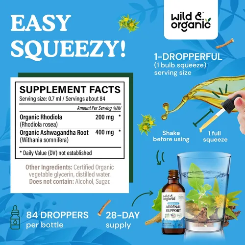 Vista 3 de Wild & Organic Suplementos de apoyo suprarrenal para mujeres y hombres – Apoyo al estado de ánimo y energía – Gotas de complejo suprarrenal
