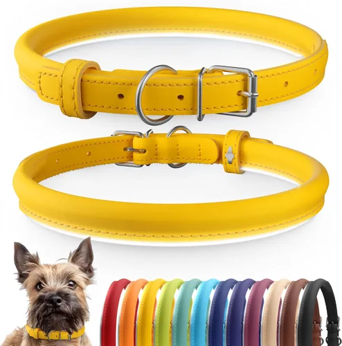 Vista 46 de CollarDirect - Collar de cuero enrollado para perro, collar redondo acolchado suave para cachorro, collar de cuero auténtico hecho a mano