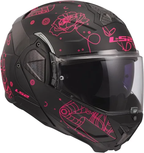 Vista 7 de Cascos LS2 Advant II - Casco modular para motocicleta con protector solar (Negro mate Sophia/Rosa - Talla L)