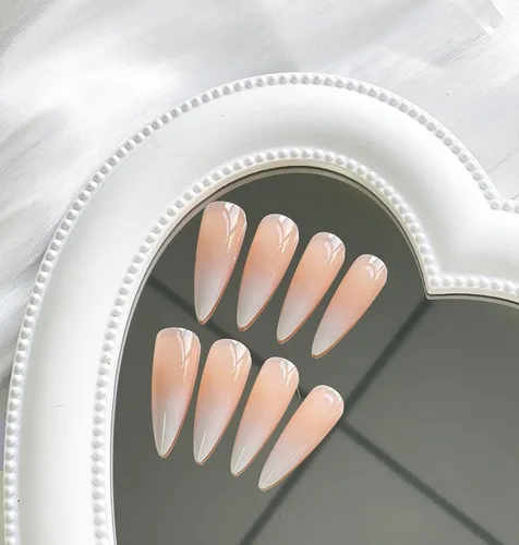 Vista 3 de Uñas postizas largas a presión estilo stiletto, uñas postizas francesas degradadas blancas, uñas postizas brillantes de cobertura completa