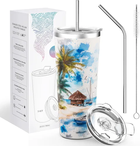 Vista 5 de THILY Vaso de viaje de acero inoxidable con aislamiento al vacío de 26 onzas, taza de café con 2 tapas y popotes, a prueba de salpicaduras Brisa