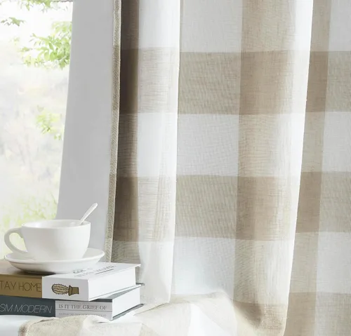 Vista 19 de Cortinas cortas de lino texturizado con diseño de búfalo blanco y negro a cuadros, 100% opacas con forro, paneles de estilo granja