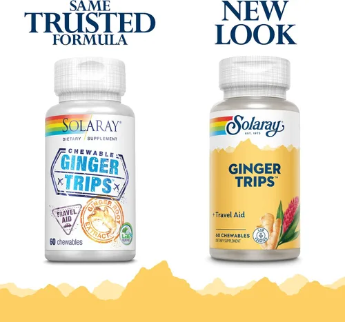 Vista 2 de SOLARAY Ginger Trips Travel Aid Extracto de raíz Apoyo digestivo saludable con miel, stevia y melaza 60 masticables