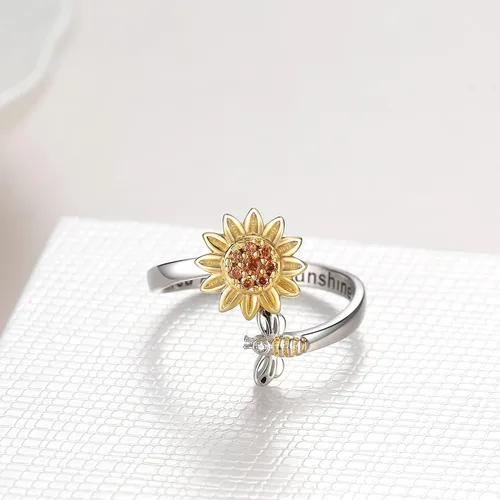 Vista 3 de Sunflower You are My Sunshine Jewelry - Collar de plata de ley 925 con colgante de girasol lindo collar de abeja ajustable, anillo abierto