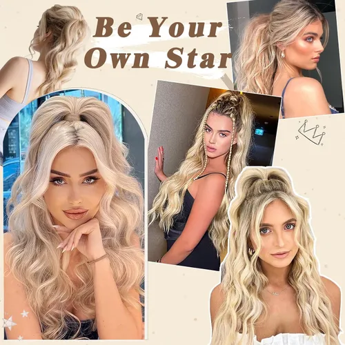 Vista 5 de BARSDAR Cola de caballo corta ondulada con cordón, extensiones de cabello sintético de 16 pulgadas con clip, mezcla de marrón ceniza