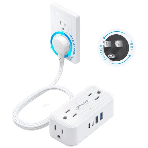 Vista 13 de TROND 360° Rotating Flat Plug Power Strip, 1.5FT Extension Cord with 4 USB Ports, 4 Wide Spaced AC Outlets, Wall Mount, 900J Surge Protector for