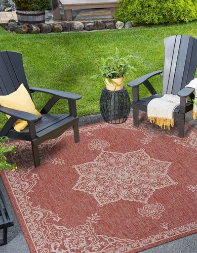 Vista 48 de Unique Loom Alfombra de la colección tradicional para exteriores, antigua (4 pies 1 pulgada, redonda, verde azulado/gris)